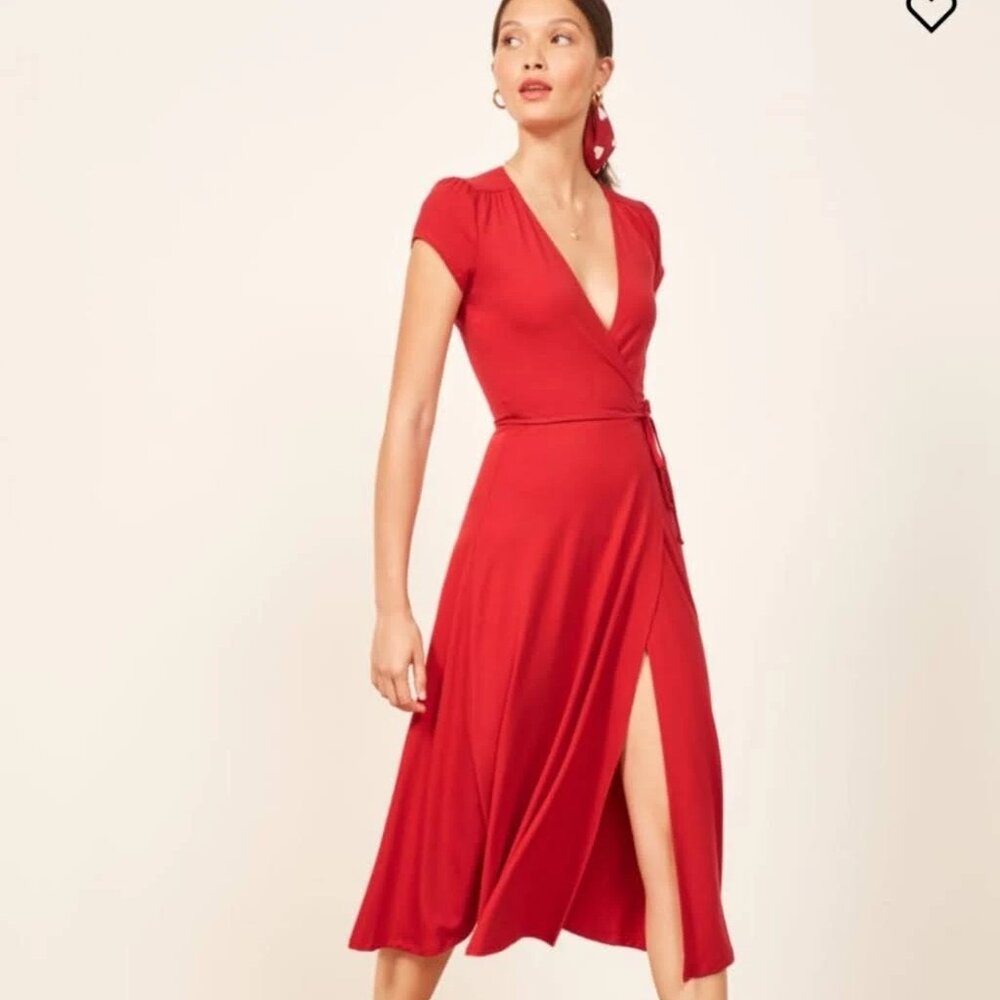 Reformation Becca red wrap midi dress Medium Small